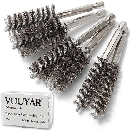 6pcs Copper Tube Pipe Cleaner, 1/2” 3/4” 1” Pipe Cleaning Brush Set, Stainless Steel Wire Bore Brushes for Power Drill, 1/4 Inch Hex Shank - style: 6pcs Standard