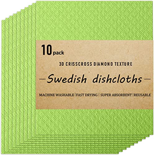 Swedish Dishcloths Cellulose Sponge Cloths for Kitchen, 10 Pack of Eco-Friendly No Odor Reusable Absorbent Quick Dry Dish Rag Cloth, Cleaning Towels for Washing Dishes (Green)
