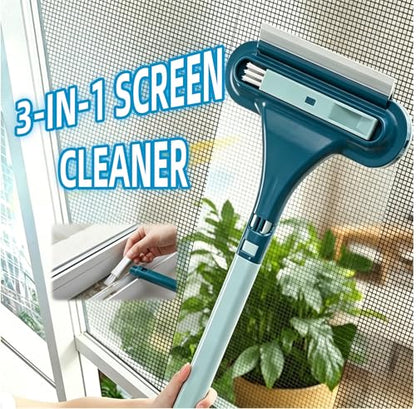 Window Screen Cleaning, 3 in 1 Mesh Window Screen Cleaning Brush with Squeegee, Wet Dry Dual-Use Multi-Purpose Cleaning Tool for Dusty Corners, Patio Door and Porch Screens (Blue)