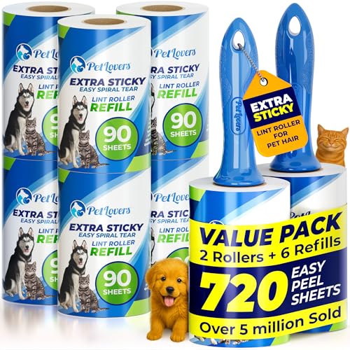 PetLovers Extra Sticky Lint Roller Mega Value Set 720 Sheets for Pet Hair Removal and Clothes, Dog and Cat Lint Remover, 8 Pack - size: 8 Pack