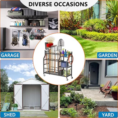 Garden Tool Organizer with Wheels for Garage and Shed, Spacious Tool Storage, Multi-Tier Design with Side Hooks for Rakes, Shovels, Brooms, and Yard Tools Rolling Cart - size: 37.2 x 12.6 x 34.4