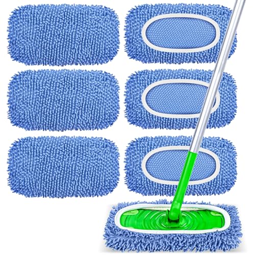 6 Pack Reusable Mop Pads Compatible with Swiffer Sweeper, Chenille Mop Refill Pads, Dry & Wet Mopping Cloths for Floor Cleaning -Blue - color: Blue