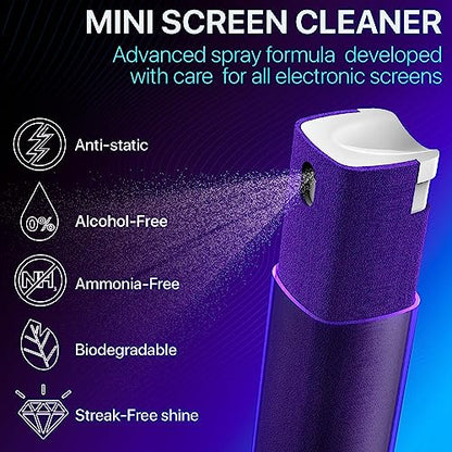 IO CLEAN Mini Screen Cleaner Spray – Finger Proof Screen Cleaner for Smartphones, iPads, MacBooks, Laptops, Car Screens, Touchscreens – 3in1 Mist Cleaner, Microfiber Cloth and Protective Cover -Purple - color: Purple