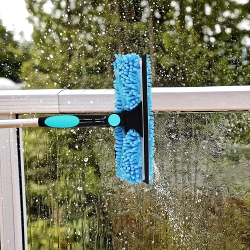 23FT High Reach Window Squeegee & Cobweb Duster with Extension Pole, 2 in 1 Squeegee for Window Cleaning with Lightweight 4-16.5 ft Telescoping Pole, Spider Web Brush with Pole for Outdoor Indoor Car