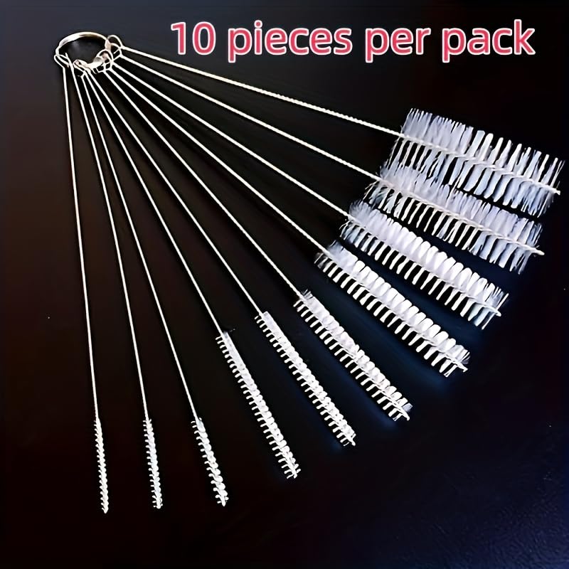 10-Piece Straw Cleaning Brush Set - Stainless Steel Handle & Soft Bristles, Multi-Size Brushes for Glass/Silicone/Metal Tubes, Cups, Bottles, Test Tubes & Mini Containers