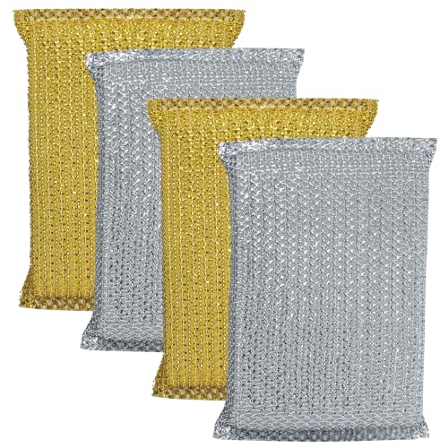 LOLA Wonder Non-Scratch Scouring Pad, 4 Pack, Large Knitted Flat Wire Cloth Fibers w/Foam Sponge Core, Assorted Colors (Gold or Silver) - size: 4 Pack