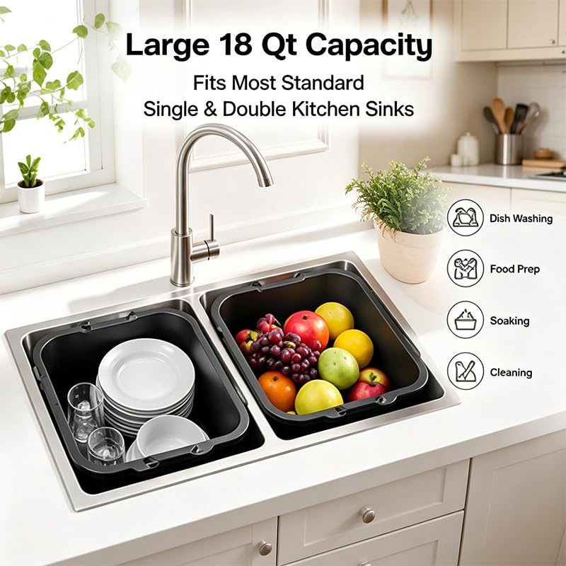 Wash Basin and Dish Pans for Kitchen Sink, 18 Qt Plastic Laundry Tub for Home Cleaning, Portable Water Bucket for Camping, Gardening and Dishwashing, Black, 2 Pack