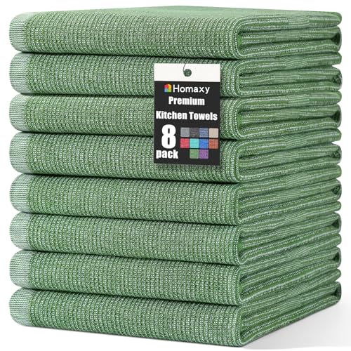 Homaxy Premium Kitchen Towels(18”x 28”, 8 Pack), Large Cotton Kitchen Hand Towels, Flat and Terry Dish Towels, 380 GSM Highly Absorbent Tea Towel Set with Hanging Loop, Grass Green - color: Grass Green, style: 8-pack