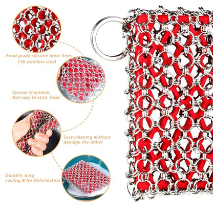 TEZZ 5 Pieces Cast Iron Cleaner Kit Include Stainless Steel Chainmail Scrubber, Dish Scrub Brush, Dual Sided Kitchen Dish Scrubber Sponge, Hot Handle Holder For Cleaning Cast Iron Skillets, Pot & Pans