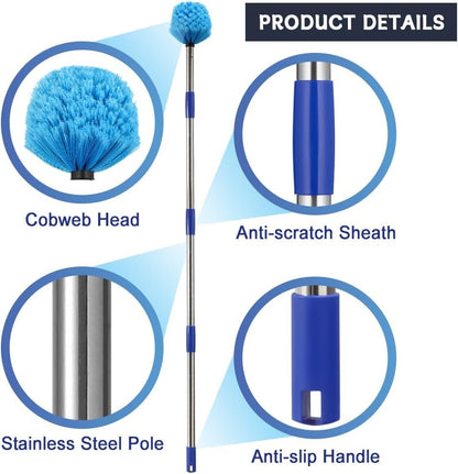 Extended Reach Cobweb Duster with 8-Foot Pole - Medium Bristle Brush for Ceiling, Wall, and Indoor/Outdoor Cleaning, Lightweight Stainless Steel (10FT) - size: 10FT