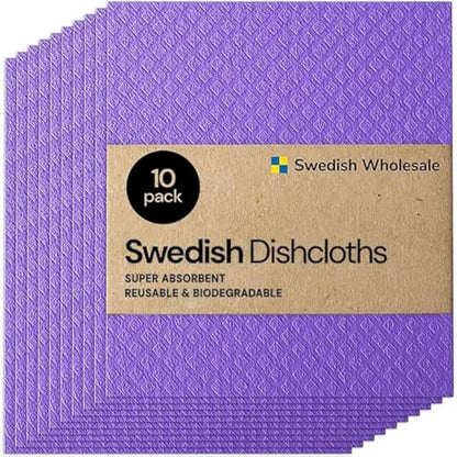 Swedish Wholesale Dishcloths Reusable 8" x 7" Sponge Cloths, Bulk 10 Pack of High Absorbent Cellulose Dish & Kitchen Cleaning Hand Towels, Wring to Dry & Machine Wash, Odor Resistant, Purple - color: Purple