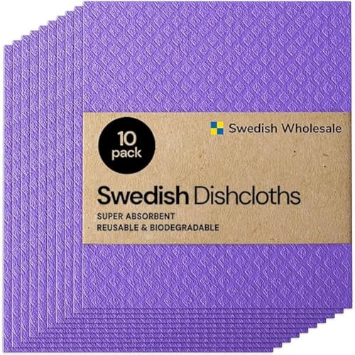 Swedish Wholesale Dishcloths Reusable 8" x 7" Sponge Cloths, Bulk 10 Pack of High Absorbent Cellulose Dish & Kitchen Cleaning Hand Towels, Wring to Dry & Machine Wash, Odor Resistant, Purple - color: Purple