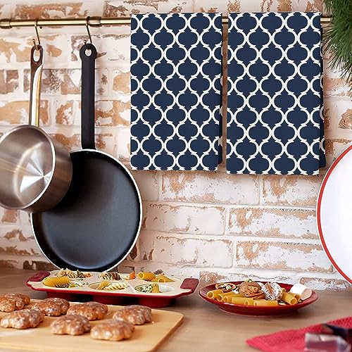 Chic D Geometric Moroccan Pattern Kitchen Towel Set of 2, Absorbent Microfiber Hand Towels for Kitchen Bathroom Bar Decorative Navy Blue White Ultra Soft Resuable Cleaning Cloths Washable Fast Drying - size: 2PCS-18" x 28"