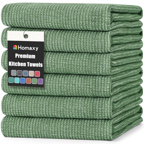 Homaxy Premium Kitchen Towels(18”x 28”, 6 Pack), Large Cotton Kitchen Hand Towels, Flat and Terry Dish Towels, 380 GSM Highly Absorbent Tea Towel Set with Hanging Loop, Grass Green - color: Grass Green, style: 6-pack