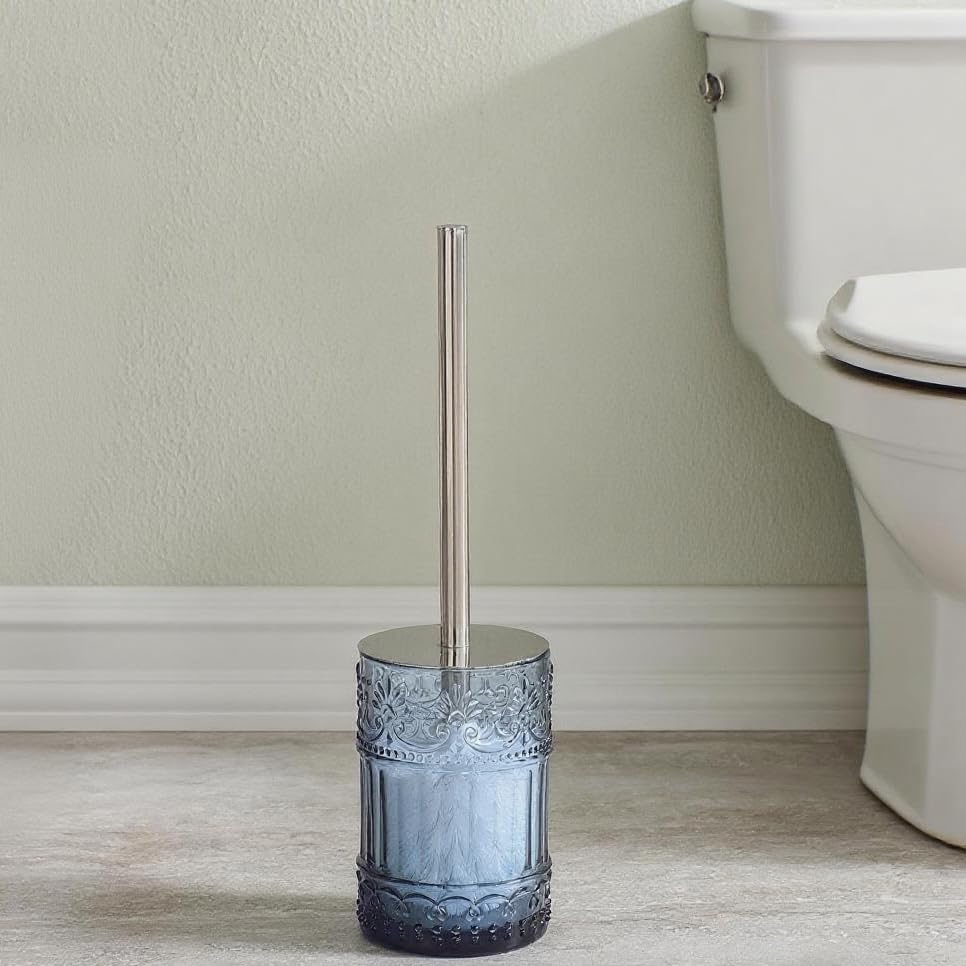Decorative Glass Toilet Brush and Holder Set, 14.8 inch Height, Blue