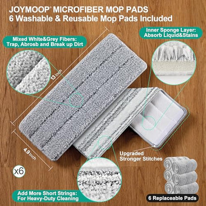 JOYMOOP Mop and Bucket Set, Commercial & Household Use, Flat Mops for Floor Cleaning, Wall Mop Cleaner with Long Handle, Hardwood Floor Mop with 6 Microfiber Pads - color: White Standard2461