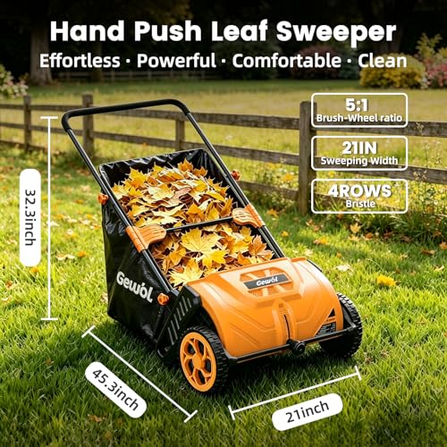 21-Inch Walk-Behind Lawn Sweeper, Push Leaf Sweeper with 3.5 Bushel Collection Bag, Manual Leaf Collector, Leaf Sweeper for Lawn, Yard, Garden,Grass Clippings, Debris