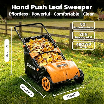 21-Inch Walk-Behind Lawn Sweeper, Push Leaf Sweeper with 3.5 Bushel Collection Bag, Manual Leaf Collector, Leaf Sweeper for Lawn, Yard, Garden,Grass Clippings, Debris