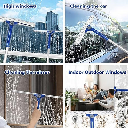 Window Shower Squeegee with 2 Pads Microfiber Scrubber, 14" Rubber Scrubber Squeegee with 59" Long Aluminum Handle for Window, Shower Glass Door, Mirror Cleaning