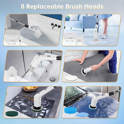 Electric Spin Scrubber Upgraded Cordless Shower Spin Scrubber Kit with 7 Replaceable Brush Heads 3 Adjustable Extension Handle Dual-Speed IPX7 Waterproof LED for Bathroom Kitchen Toilet Window Pool