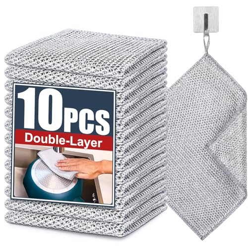 Navona 10 Pcs New Upgrade Steel Wire Dishcloth,Double-Layer Steel Wire Cleaning Cloth,Powerful Cleaning Non-Scratch Wire Dishcloth Rag for Cookware, Sinks, Dishes, Stove Tops - color: 10-pack（double Layer）