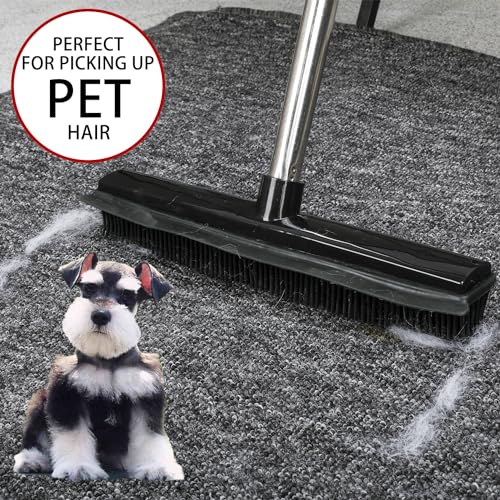 Rubber Broom and Dustpan Set,Pet Hair Removal Rubber Broom with Squeegee and Stainless Steel Dust Pan,Carpet Rake Push Broom and Dustpan for Fluff Hardwood Floor Tile (Black) - color: Black