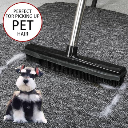 Rubber Broom and Dustpan Set,Pet Hair Removal Rubber Broom with Squeegee and Stainless Steel Dust Pan,Carpet Rake Push Broom and Dustpan for Fluff Hardwood Floor Tile (Black) - color: Black