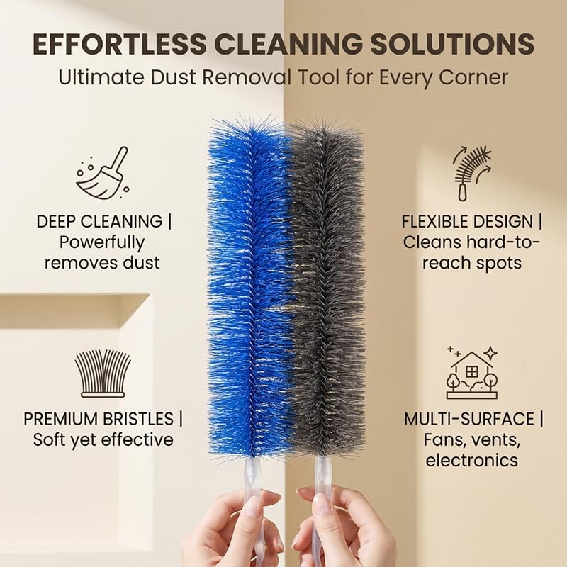 Bendable Fan Cleaning Brush with Microfiber Head, Reusable, Multi-Purpose Dust Remover for Ceiling Fans, Air Conditioner Vents, Cars，Blue+Gray 2PC