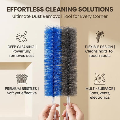 Bendable Fan Cleaning Brush with Microfiber Head, Reusable, Multi-Purpose Dust Remover for Ceiling Fans, Air Conditioner Vents, Cars，Blue+Gray 2PC