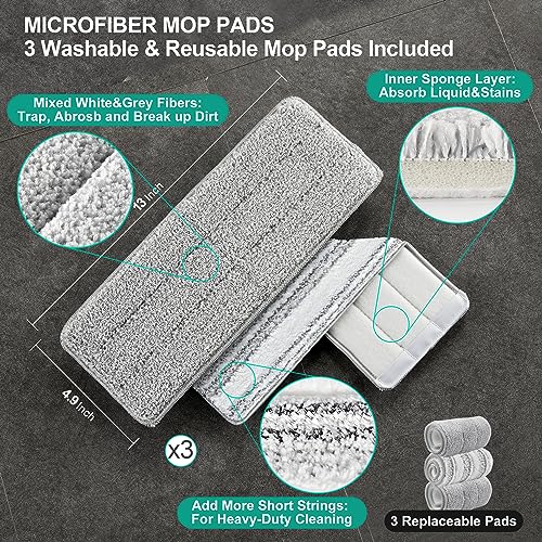 JOYMOOP Flat Mop System with Wringer Bucket, White, Microfiber Floor Cleaning Set for Wet and Dry Use, 60" Handle with 3 Reusable Pads - size: Middle Bucket #13 + 60" Flat Mop + 3 Pads