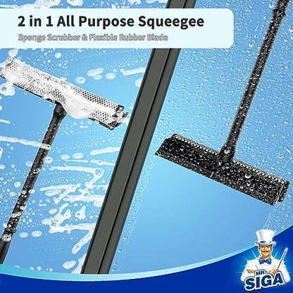 MR.SIGA Professional 2-in-1 Car Window Squeegee and Sponge Scrubber for Cleaning and Washing, Rubber Blade Cleaner With Handle, Black