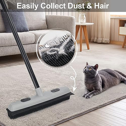 Pet Hair Removal Rubber Broom with Squeegee, Carpet Rake for Pet Hair with 59" Telescoping Long Handle, Fur Remover Rake for Carpet, Hardwood Floor, Tile - color: Gray Rubber Broom