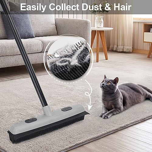 Pet Hair Removal Rubber Broom with Squeegee, Carpet Rake for Pet Hair with 59" Telescoping Long Handle, Fur Remover Rake for Carpet, Hardwood Floor, Tile - color: Gray Rubber Broom