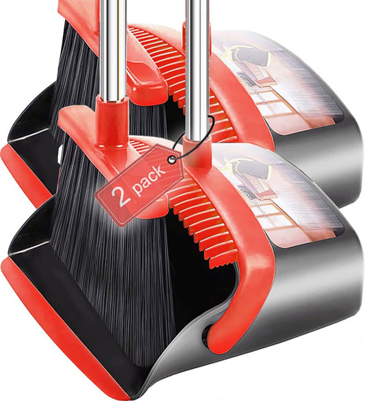 2-Pack is More economical,Brooms with Dustpan Combo Set， with 52" Long Handle, Dustpan Teeth with self-Cleaning Function, Indoor and Outdoor Sweeping, Perfect for Home Office (Large/Red /2-Pack) - color: Large/Red /2-pack