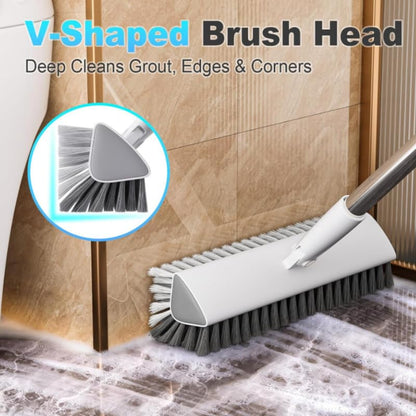 Floor Scrub Brush with Long Handle, Dual-Sided Stiff Bristle Grout Brush with 180° Rotatable V-Shape Head, Heavy Duty Shower Cleaning for Bathroom Tile, Patio, Deck, Garage, Pool & Corner