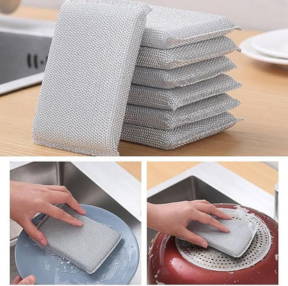 Non-Scratch Sponge Scrubber for Kitchen Utensils–Durable Scrub Sponge with Steel Wire, Reusable Dishwashing Scrubber (Pack-10)