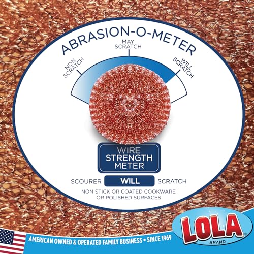LOLA Copper Mesh Scouring Pad, 2 Pack, 45 Grams, 4" Heavy Duty Cleaning Pads, Copper Coated Knitted Wire Mesh, Recyclable, Cleans Baked On Messes - size: 2 Pack, style: Jumbo