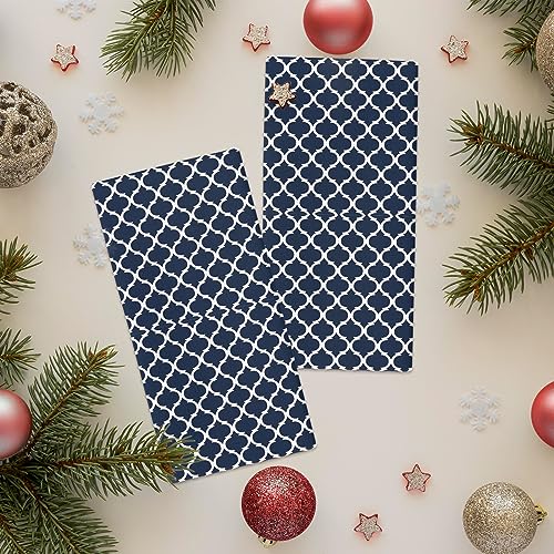 Chic D Geometric Moroccan Pattern Kitchen Towel Set of 2, Absorbent Microfiber Hand Towels for Kitchen Bathroom Bar Decorative Navy Blue White Ultra Soft Resuable Cleaning Cloths Washable Fast Drying - size: 2PCS-18" x 28"