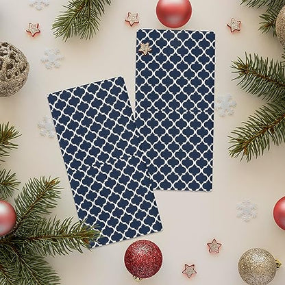Chic D Geometric Moroccan Pattern Kitchen Towel Set of 3, Absorbent Microfiber Hand Towels for Kitchen Bathroom Bar Decorative Navy Blue White Ultra Soft Resuable Cleaning Cloths Washable Fast Drying - size: 3PCS-18" x 28"