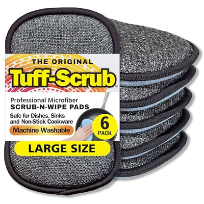 Original Scrub-N-Wipe Pad by Tuff-Scrub, 6-Pack, Microfiber, Multi-Surface, Non-Scratch, Dual-Sided, Scrubber for Dishes, Sinks, Non-Stick Cookware – Machine Washable, Durable Kitchen Sponge (Large) - size: Large