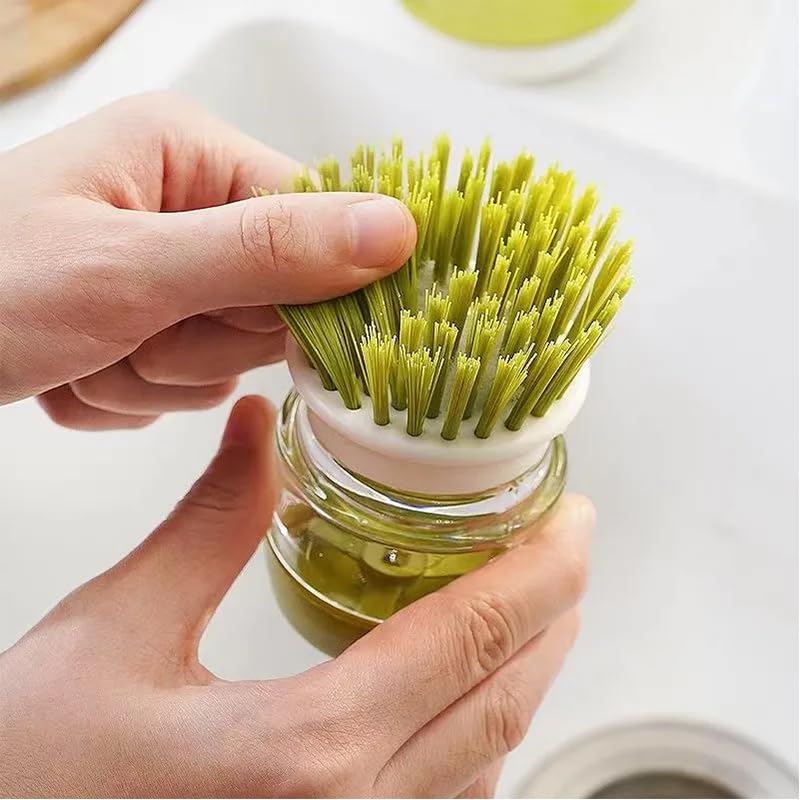 Automatic Liquid-Adding Kitchen Cleaning Dish Brush with Soap Dispenser, Dishwashing Kitchen Scrub Brushes Dish Scrubber with Holder Drip Tray, for Cleaning Pan, Pot, Sink