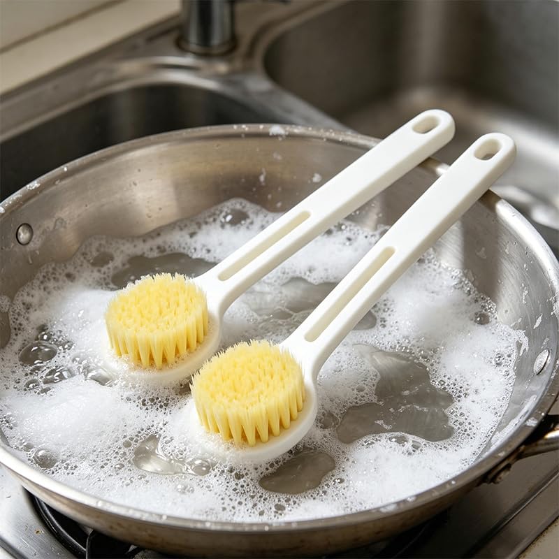 2 Pack Dish Brush with Handle, Stiff Bristles Dish Scrubber, Labor-Saving Kitchen Brush for Dishes, Pots, Pans and Sink Cleaning(White) - color: White