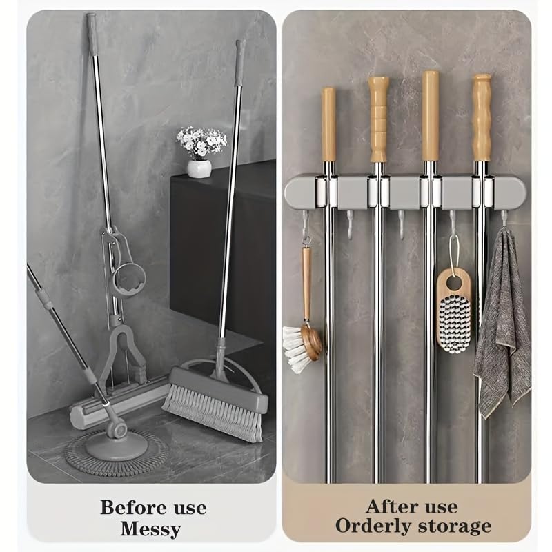 Multi-Functional Mop Broom Holder - No-Drill Wall-Mounted Rack with Strong Adhesive & Elastic Silicone Clips& Hooks for Bathroom/Kitchen