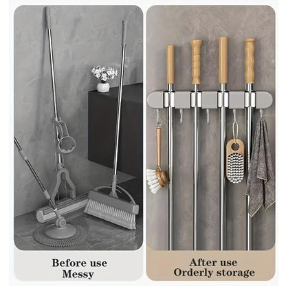 Multi-Functional Mop Broom Holder - No-Drill Wall-Mounted Rack with Strong Adhesive & Elastic Silicone Clips& Hooks for Bathroom/Kitchen