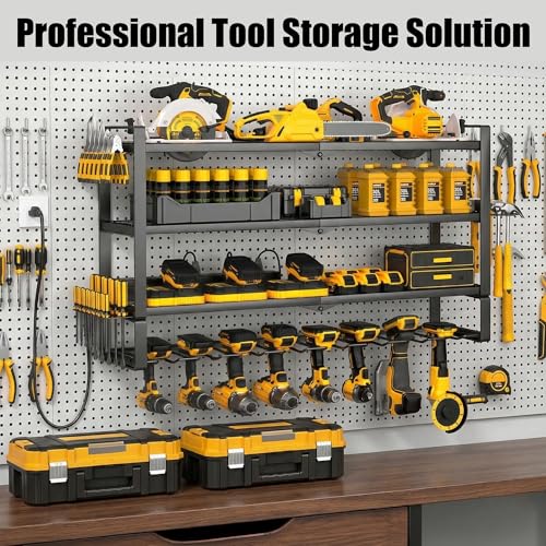 MOOMSINE Large Power Tool Organizer Wall Mount with Charging Station for Garage, 400lbs Metal Storage Rack with 8 Cordless Drill Holder, 4 Tier Heavy Duty Battery Tool Shelf with 5 Outlet Power Strip - size: 32 Inch（4 Tier Power Station）