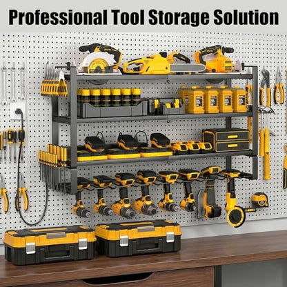 MOOMSINE Large Power Tool Organizer Wall Mount with Charging Station for Garage, 400lbs Metal Storage Rack with 8 Cordless Drill Holder, 4 Tier Heavy Duty Battery Tool Shelf with 5 Outlet Power Strip - size: 32 Inch（4 Tier Power Station）