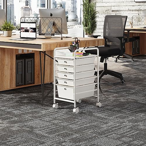 6-Tier Rolling Cart with 5 Drawers, Rolling Utility Cart with 2 Lockable Caster Wheels, Multipurpose Mobile Rolling Storage Drawer Cart for Office Bathroom Kitchen, Ivory White - size: White, 5-Tier, 4S/1L Drawer