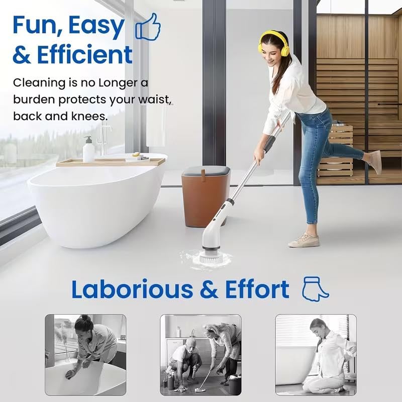 Electric Spin Scrubber Upgraded Cordless Shower Spin Scrubber Kit with 7 Replaceable Brush Heads 3 Adjustable Extension Handle Dual-Speed IPX7 Waterproof LED for Bathroom Kitchen Toilet Window Pool