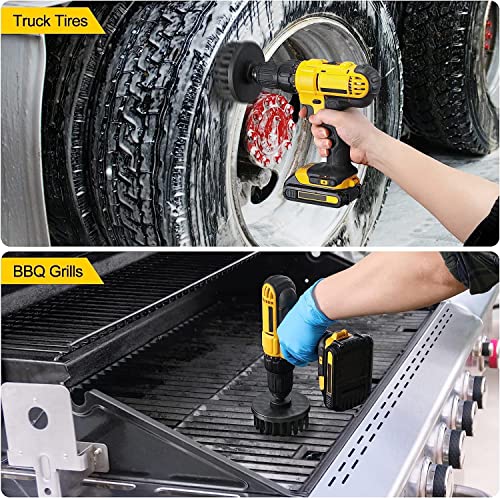 HUAWELL 8 Piece Black Drill Brush Ultra Stiff Cleaning Brush with Extend Attachment Set- All Purpose for Bathroom Surfaces, Grout, Smokers, Grills, Floor, Tile and Hard Water(Black) - color: Black