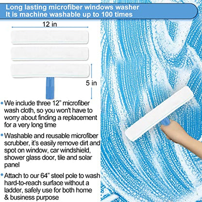AMERWASH PLUS Window Squeegee Washing Kit for High Window, Shower Glass Door, Mirror Cleaning, with 69-inch Extension Pole, Extra 14'' Wide Squeegee and 2 Microfiber Scrubbers Included